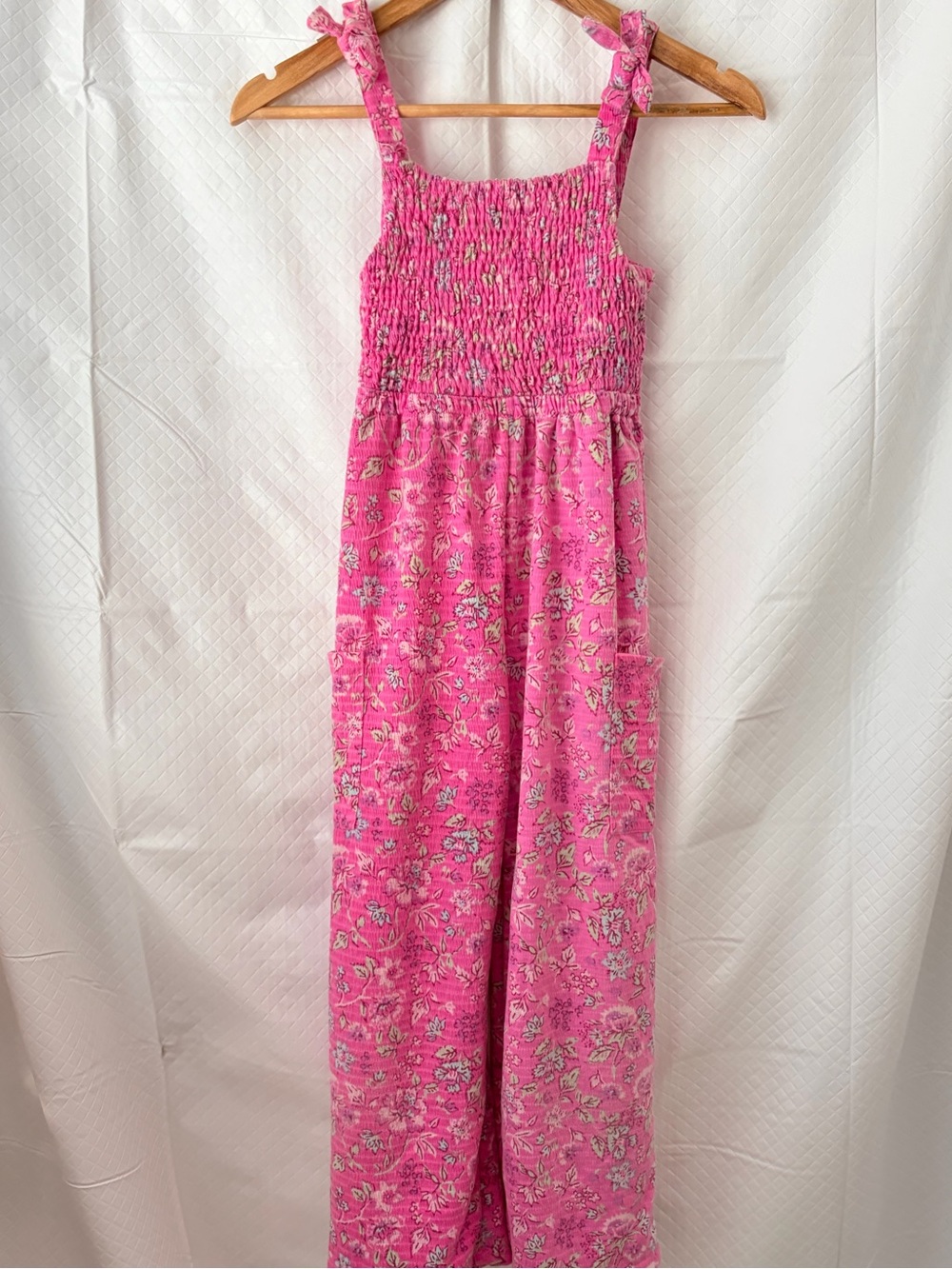 Girls' Pink Floral Smocked Jumpsuit